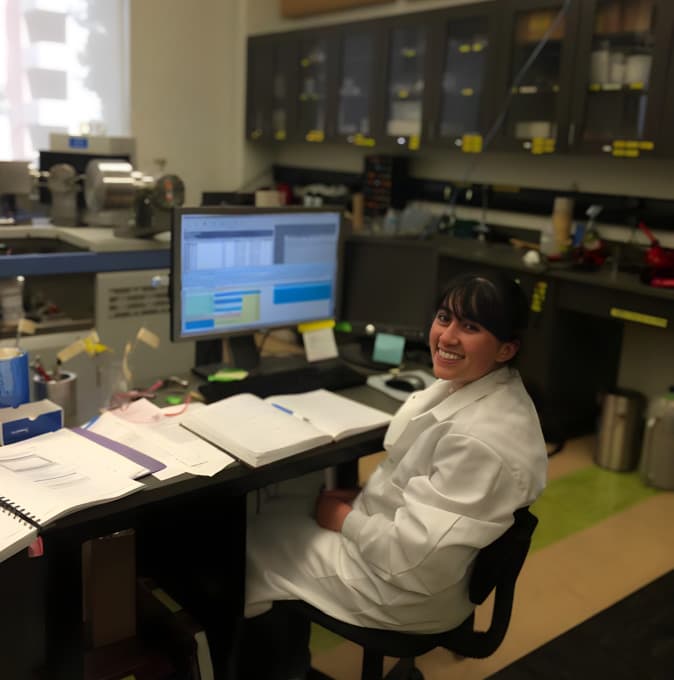 Scientist at computer in lab